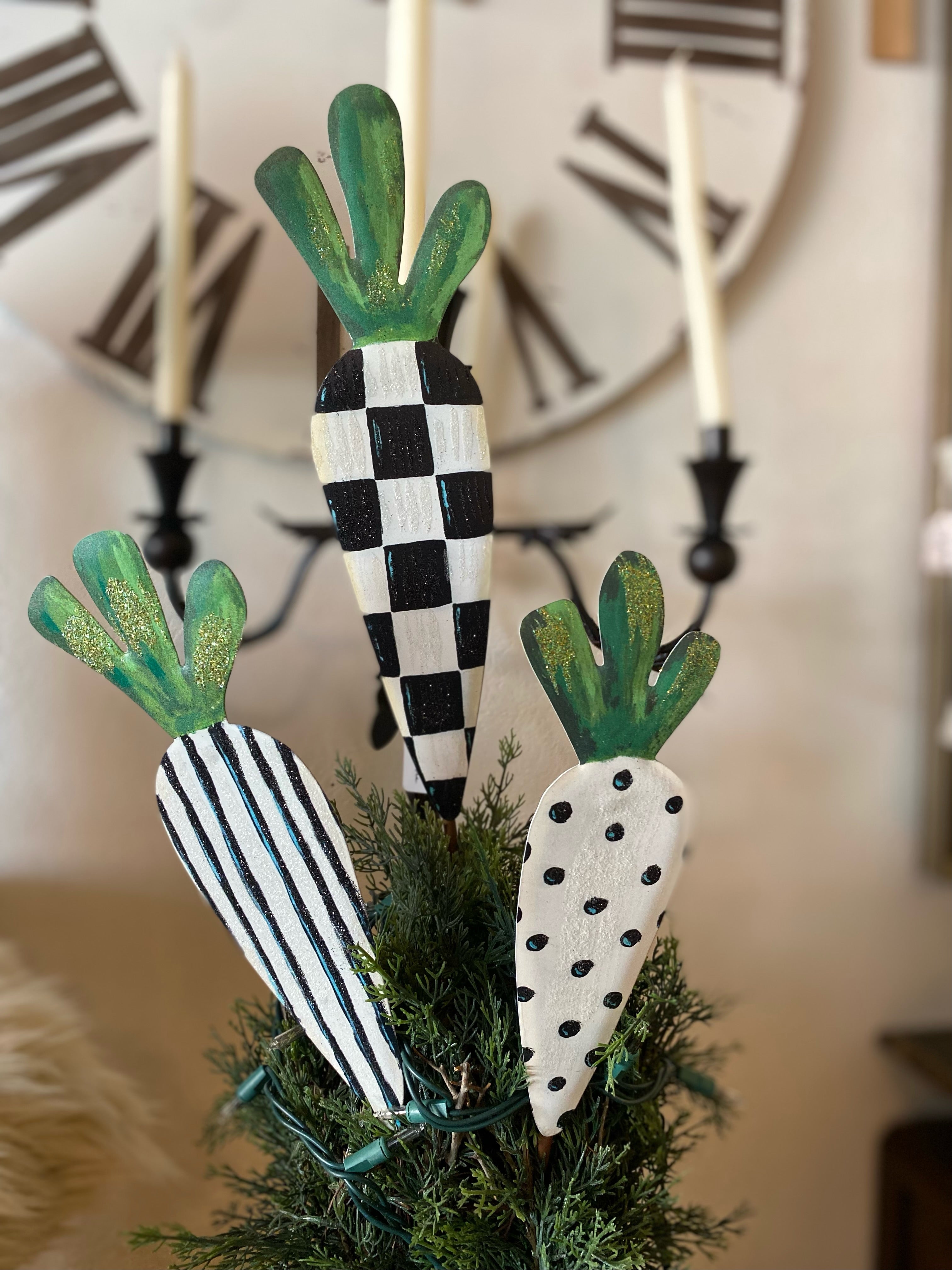 Black and White Patterned Carrots Outdoor Stake Set of 3