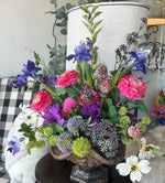 Load image into Gallery viewer, Summer Garden Bright Pink, Purple, and Green Floral Arrangement in Bronze Gold Container
