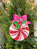 Load image into Gallery viewer, Holly and Bow Red White Pepppermint Red, Pink, White Ornament
