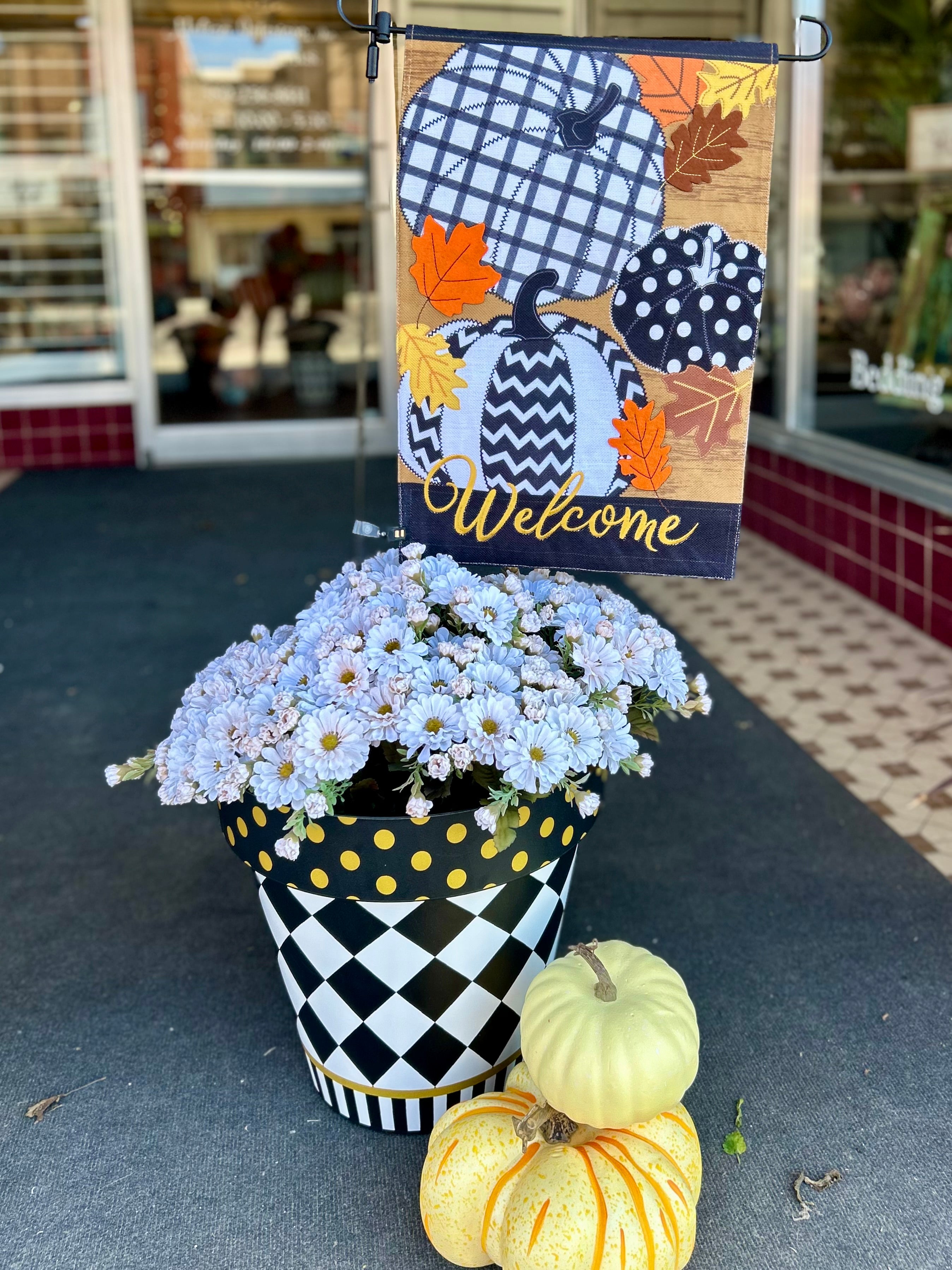 Black and White Harlequin Gold Polka Dot Design Outdoor Pots