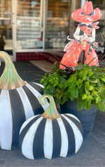 Load image into Gallery viewer, Small Short Black &amp; White Striped Metal Pumpkin Yard Stake
