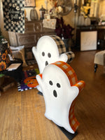 Load image into Gallery viewer, Set of 2 Metal Sparkling Ghosts with Buffalo Check Borders that Turn
