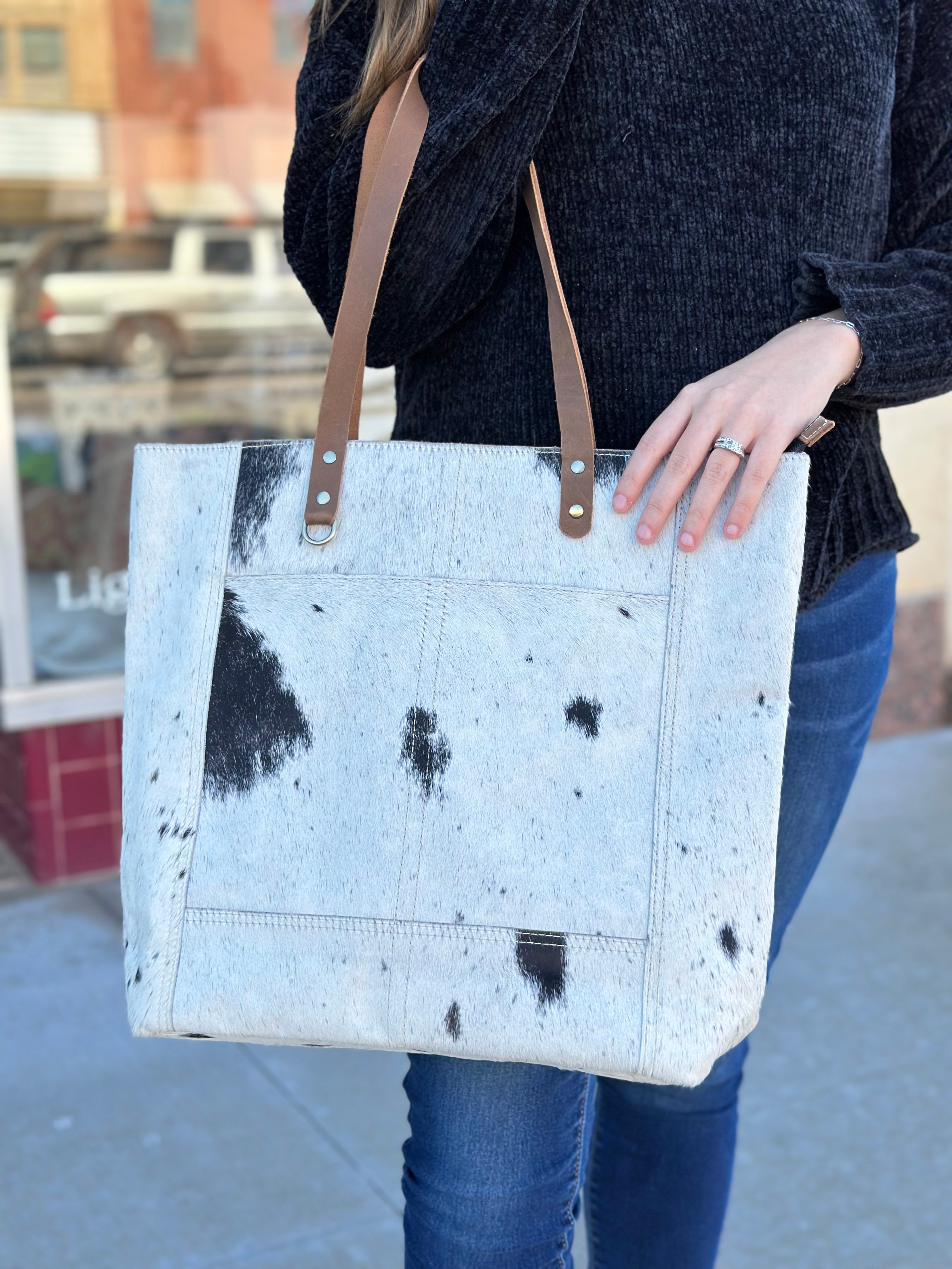 Cowhide and Leather Tote in Black and White