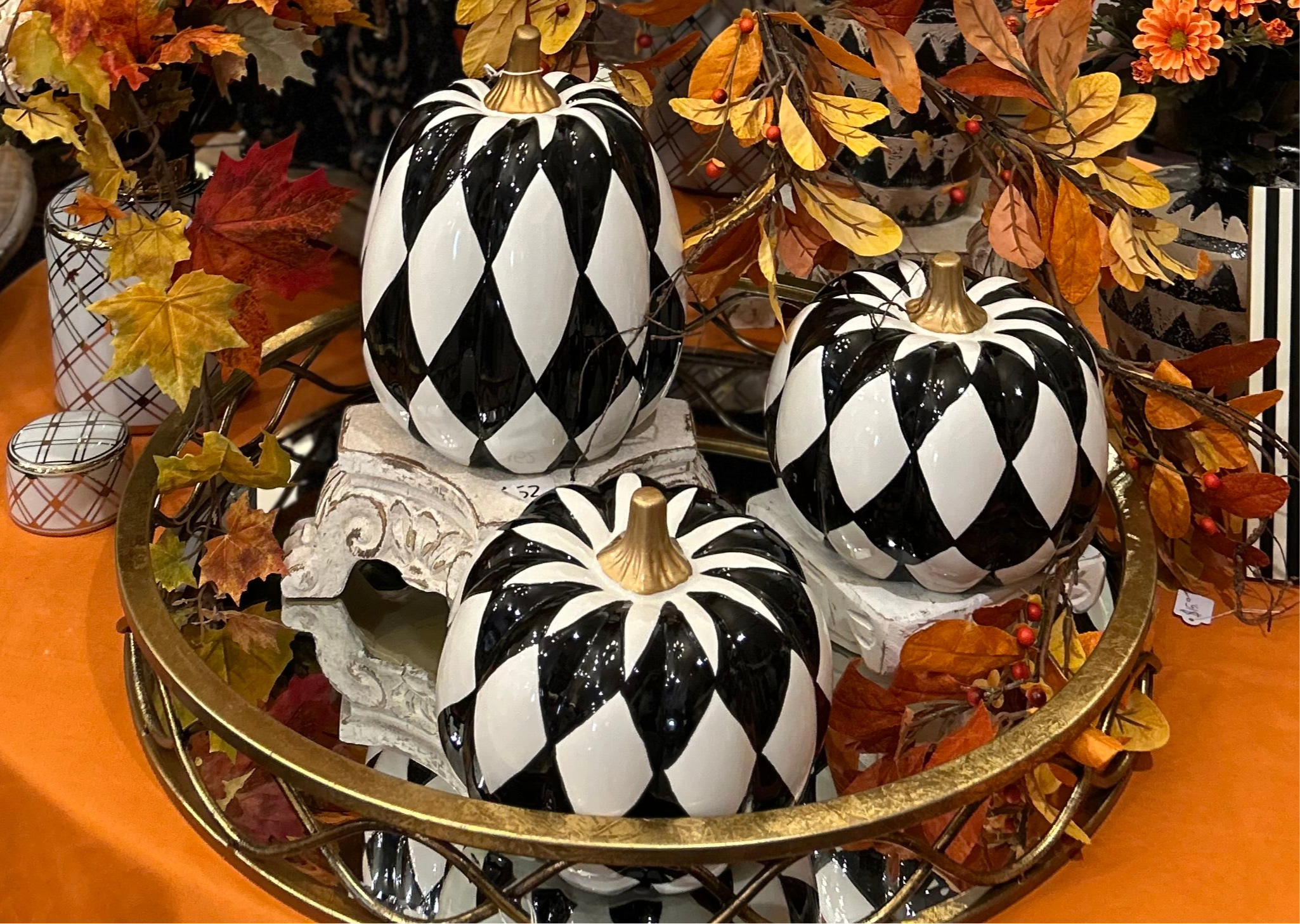 Ceramic Black & White Harlequin Pumpkin (3) Sizes with Gold Stem, Black and White