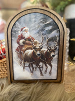 Load image into Gallery viewer, Arch Top Wooden Classic Santa Art with Snow or Round Wood Frame
