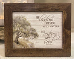 Load image into Gallery viewer, He Leads Me By Still Waters He Restores My Soul Sign Wood Framed Shimmering Picture 8”x10”

