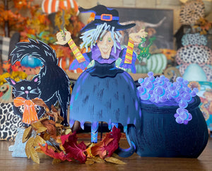 Small Tillie the Witch In Black, Purple, Orange, and Yellow with her Frog Roundtop Collection