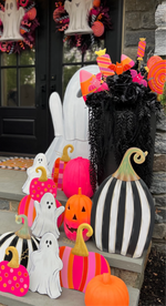 Load image into Gallery viewer, Set of 2: Large Black &amp; White Tall &amp; Short Striped Pumpkin Stake Fall Autumn
