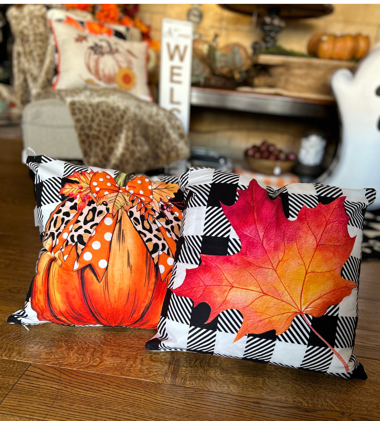 Orange Fall Leaf Buffalo Check Pillow