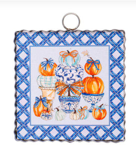 Blue and White Lattice with Pumpkins Fall Mini Print