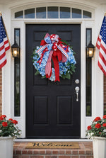 Load image into Gallery viewer, Americana: Hydrangea Wreath Red, White, Blue Metal Stake with Easel
