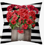Load image into Gallery viewer, Red Geraniums with Black White Stripe Pillow Outdoor
