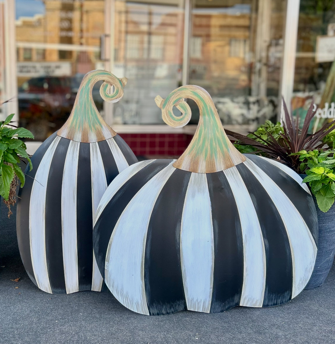 Set of 2: Large Black & White Tall & Short Striped Pumpkin Stake Fall Autumn
