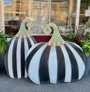 Set of 2: Large Black & White Tall & Short Striped Pumpkin Stake Fall Autumn