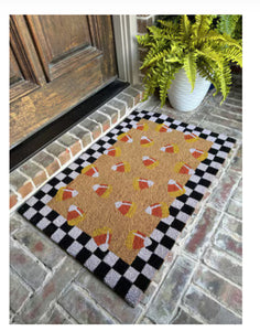 Checkered Black and White Bordered Candy Corn Coir Door Rug