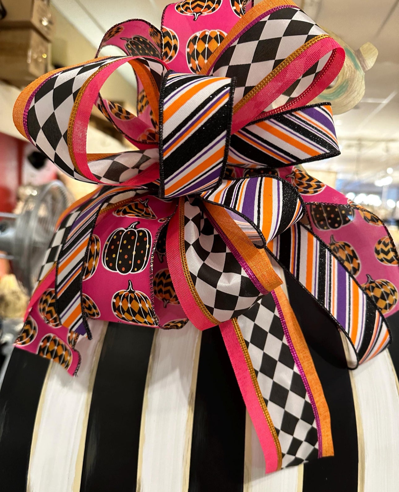 (4) Option Bows: Whimsical Custom Bows Harlequin Black, White, Bright Green, Pink Pumpkin, Stripe Ribbon, Purple, Orange