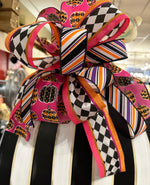 Load image into Gallery viewer, (4) Option Bows: Whimsical Custom Bows Harlequin Black, White, Bright Green, Pink Pumpkin, Stripe Ribbon, Purple, Orange
