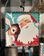 Load image into Gallery viewer, Santa with Rudolph and Turquoise Background Mini Print
