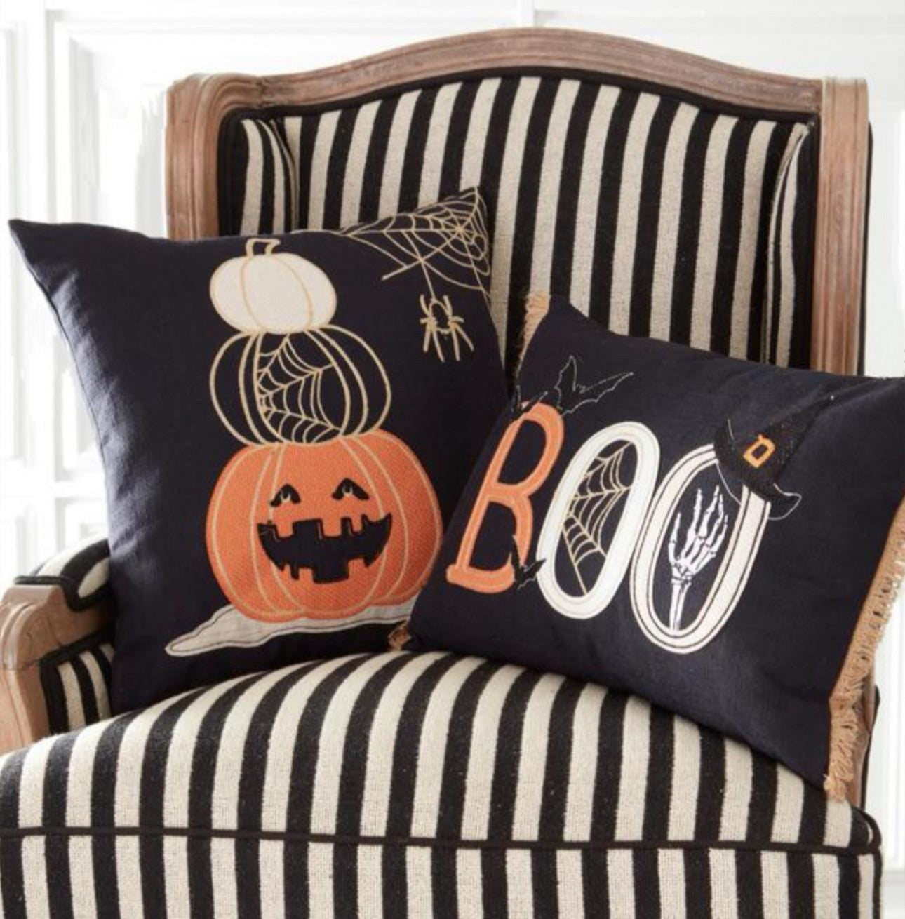 BOO Black Pillow with Bats, Witch Hat, Spider web, and Skeleton Hand