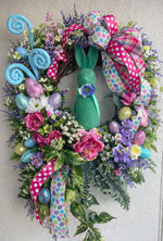 Load image into Gallery viewer, Teal Bunny Spring Floral Wreath Pinks, Green, Soft Blues, Yellow
