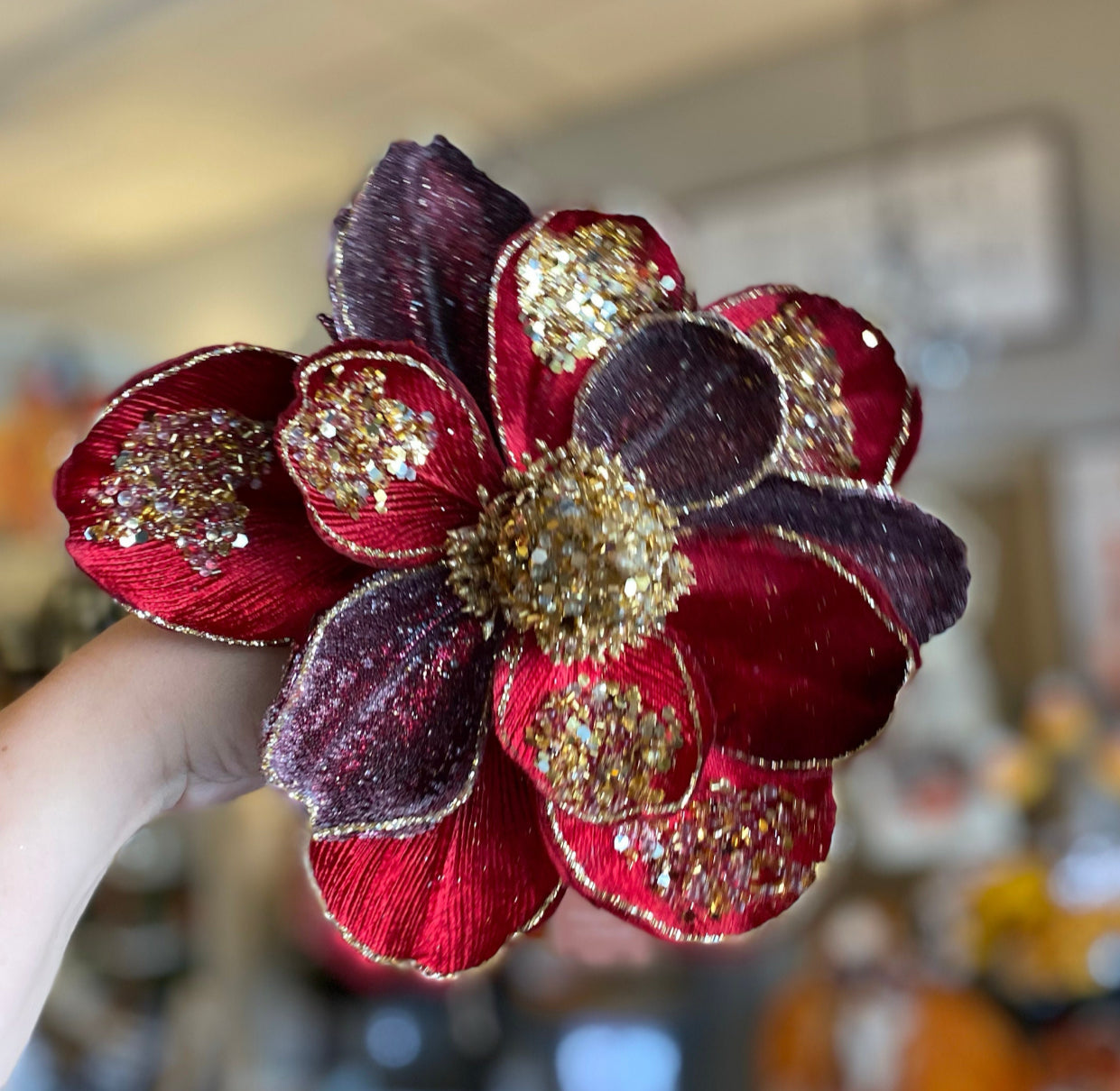 Glam Burgundy/Plum Velvet Magnolia with Gold Sequins Pack of 3