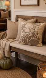 Load image into Gallery viewer, Cottage Harvest Rope Pillow Fall Autumn Light Taupe, White and Gray Pumpkin Embroidered Pillow
