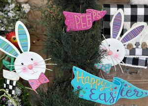 Turquoise Ears Bunny with Bow tie White Rabbit Metal Outdoor Stakes