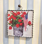 Load image into Gallery viewer, Americana: Bucket of Red Geraniums and American Flag Mini Print
