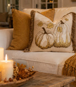 Load image into Gallery viewer, Gold Sequin Accents Embroidered Fall Pumpkin Pillow with Form and Brush Fringe Ends
