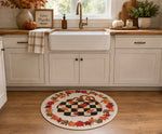 Load image into Gallery viewer, Pumpkin Round Bamboo Rug Black and White Checkered Pattern with Fall Leaves Border
