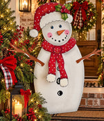Load image into Gallery viewer, White Metal Snowman in Red &amp; White Polka Dot Hat &amp; Scarf with attached Easel Christmas
