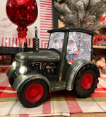 Load image into Gallery viewer, Red or Green Tractor Snow Globe with Santa driving, Tractor lights up
