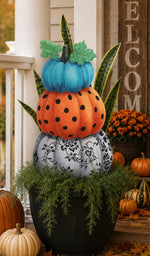 Load image into Gallery viewer, Pumpkins Topiary Stack Blue, Gray Floral, Orange Polka Dots Metal Stake
