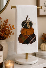 Load image into Gallery viewer, Fall Plaid Pumpkins Gather White Hand Towel
