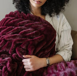 Load image into Gallery viewer, Couture Double Ruched Royal Dark Wine Faux Fur Throw 60”x80”
