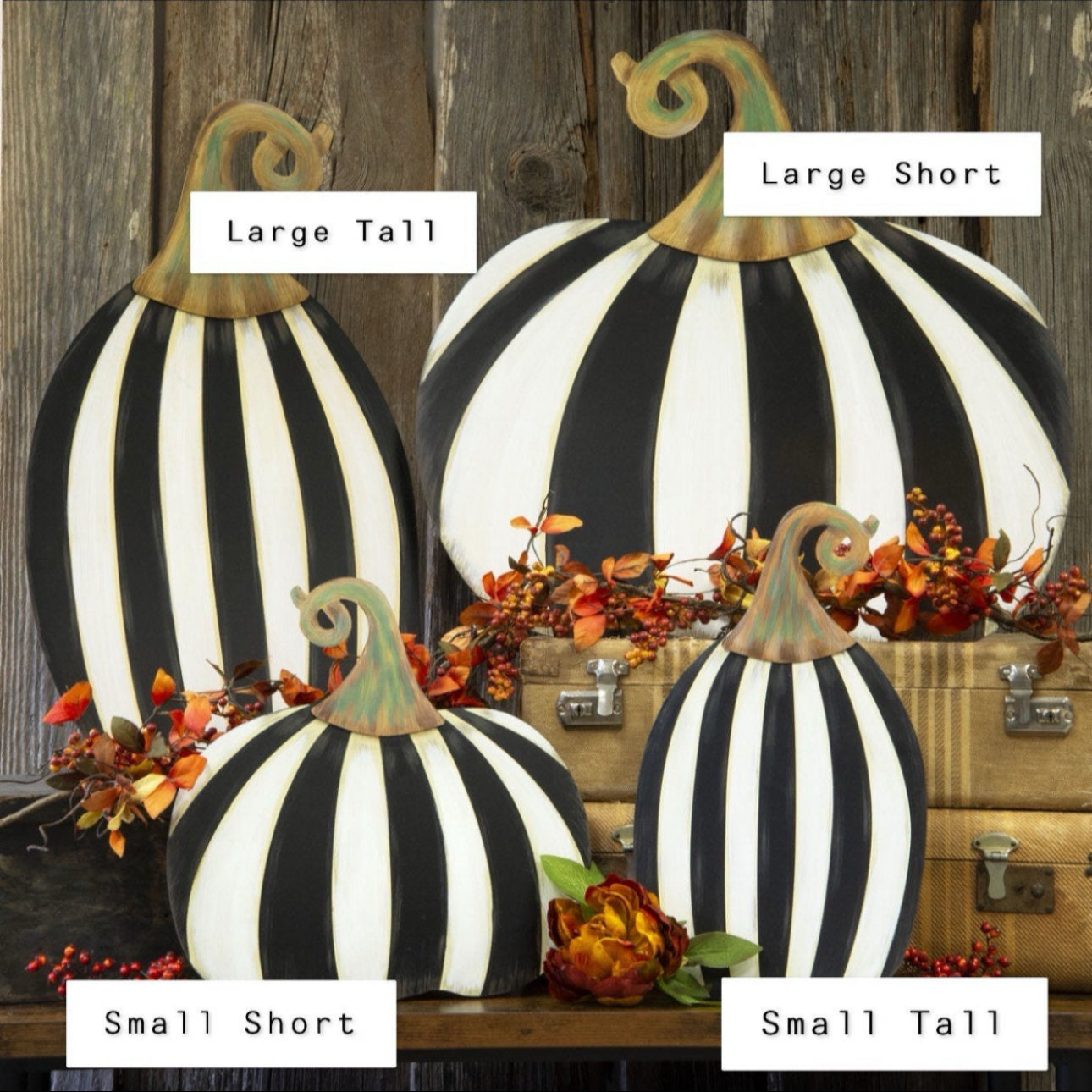 Set of 2: Large Black & White Tall & Short Striped Pumpkin Stake