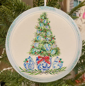 Blue & White Round Ornament with Christmas Tree