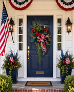 Load image into Gallery viewer, Americana: Geranium Wreath Red, White, Blue Stripe and Plaid Bow
