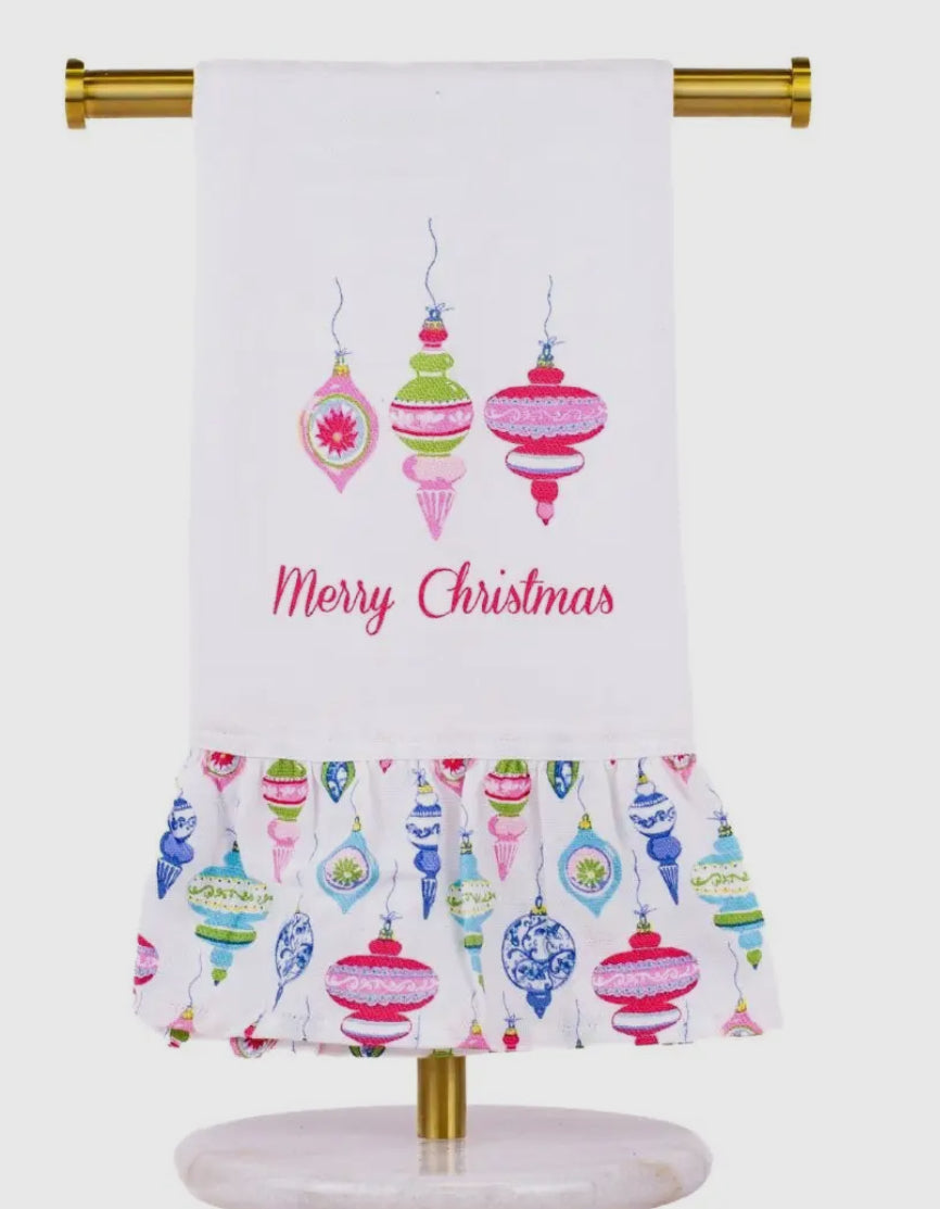 Whimsical Merry Christmas Ruffle Hand Towel White/Multi 20x28