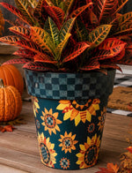Load image into Gallery viewer, Sunflower Outdoor Pot with Gray and Black Check Border  15” pot
