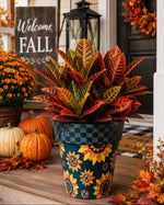 Load image into Gallery viewer, Sunflower Outdoor Pot with Gray and Black Check Border  15” pot
