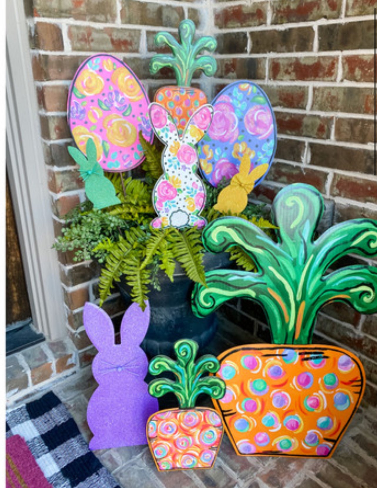 White Floral Rabbit Metal Door Hanger, Stake, and Attached Easel