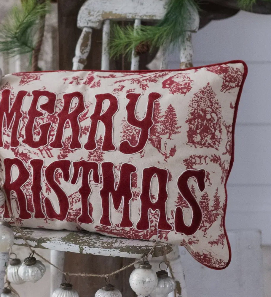 Merry Christmas Toile Red and White Christmas Pillow