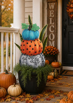 Load image into Gallery viewer, Pumpkins Topiary Stack Blue, Gray Floral, Orange Polka Dots Metal Stake
