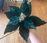 Load image into Gallery viewer, Emerald Green Velvet Poinsettias with Silver Gold Center 3-Pack
