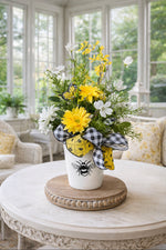 Load image into Gallery viewer, Bee Gingham Check Yellow, Black and White Floral Arrangement
