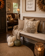 Load image into Gallery viewer, Cottage Harvest Rope Pillow Fall Autumn Light Taupe, White and Gray Pumpkin Embroidered Pillow
