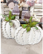 Load image into Gallery viewer, Large Cream or Orange Pumpkins Set of 2 Large Ribbon Pumpkins with Metal Stake and Easels
