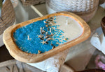 Load image into Gallery viewer, At the Beach  Blue Glass Soy Candle in Wood Dough Bowl
