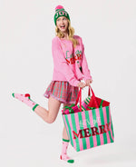 Load image into Gallery viewer, Pink, Green, and Red Stripe Tote Let’s Get Merry
